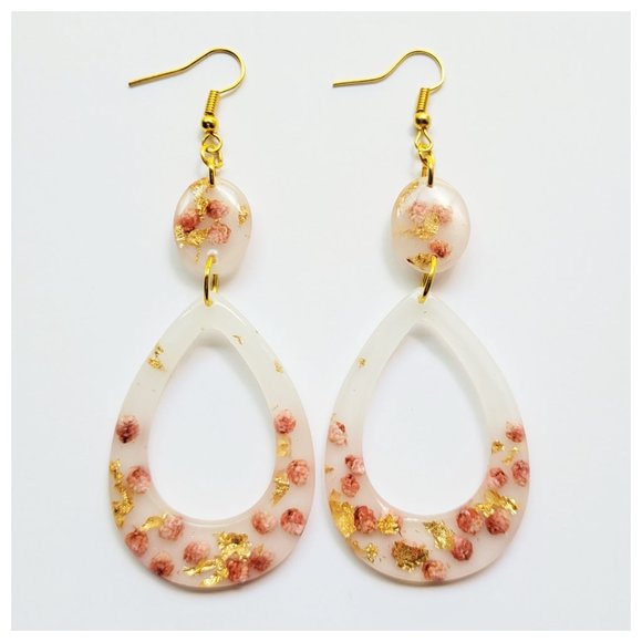Statement Earrings Gold and Blush Pink Floral Milk Bath Handmade Teardrop Dangle - Picture 6 of 12